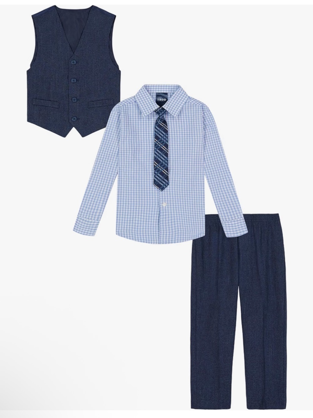 Izod Boys Navy Vest and Pants Set with Light Blue Gingham Shirt and Plaid Tie - Picture 2 of 3